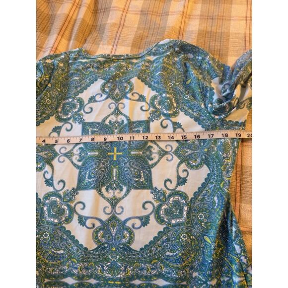 J McLaughlin Catalina Cloth Top Sz L Blue 3/4 Sleeve Stretchy Mandala Casual EUC - Picture 7 of 10